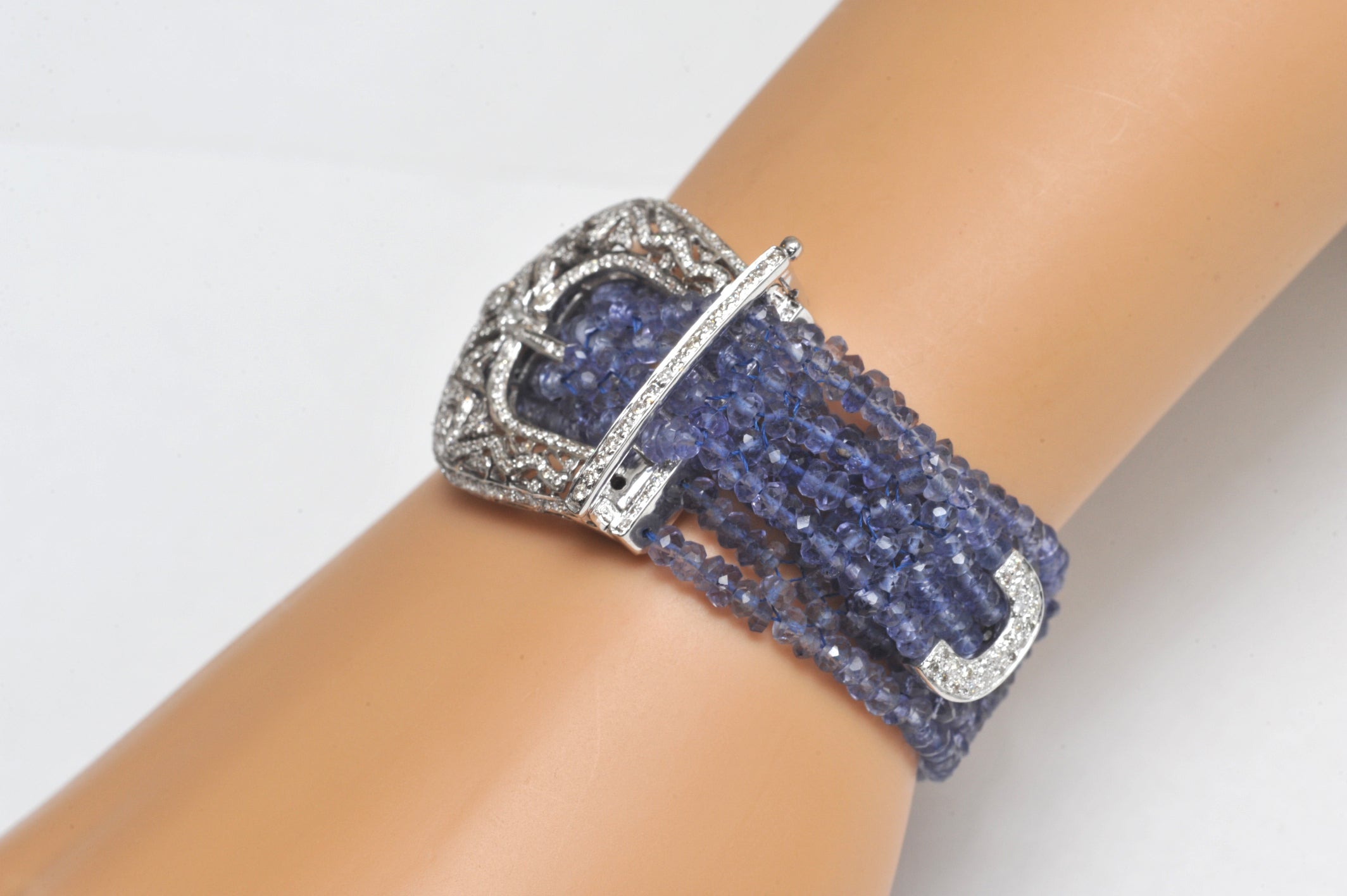 Tanzanite, Diamond and 18 Karat White Gold Buckle Beaded Bracelet