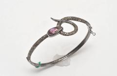 Snake Bracelet with Pave, Set Diamonds and Tourmaline in Oxidized Sterling