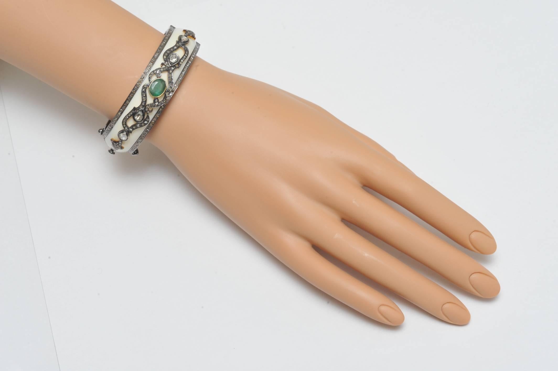 White Bakelite Bracelet with Emerald and Diamonds In Excellent Condition In Nantucket, MA