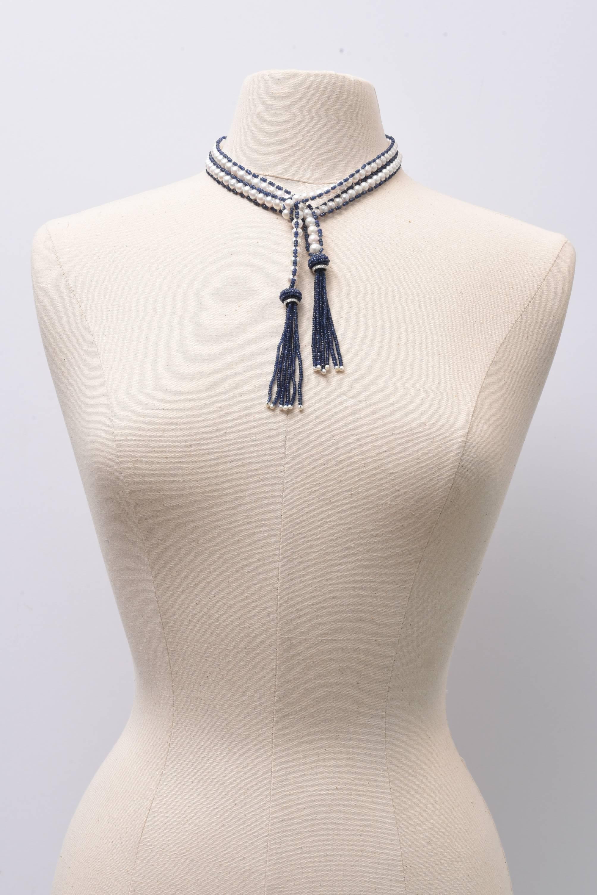 Faceted Sapphire Pearl Diamond Gold Lariat In Excellent Condition In Nantucket, MA