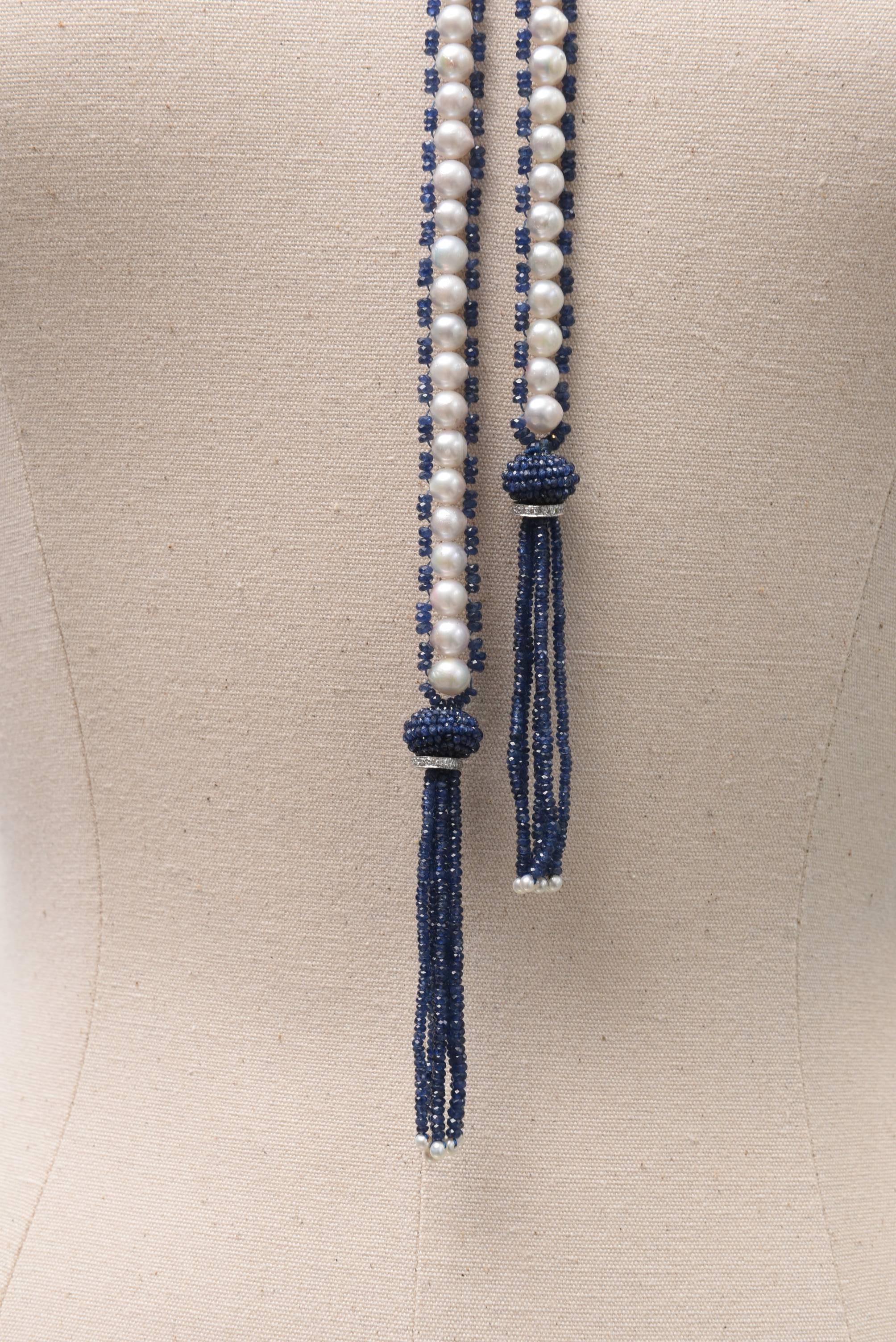 Women's or Men's Faceted Sapphire Pearl Diamond Gold Lariat