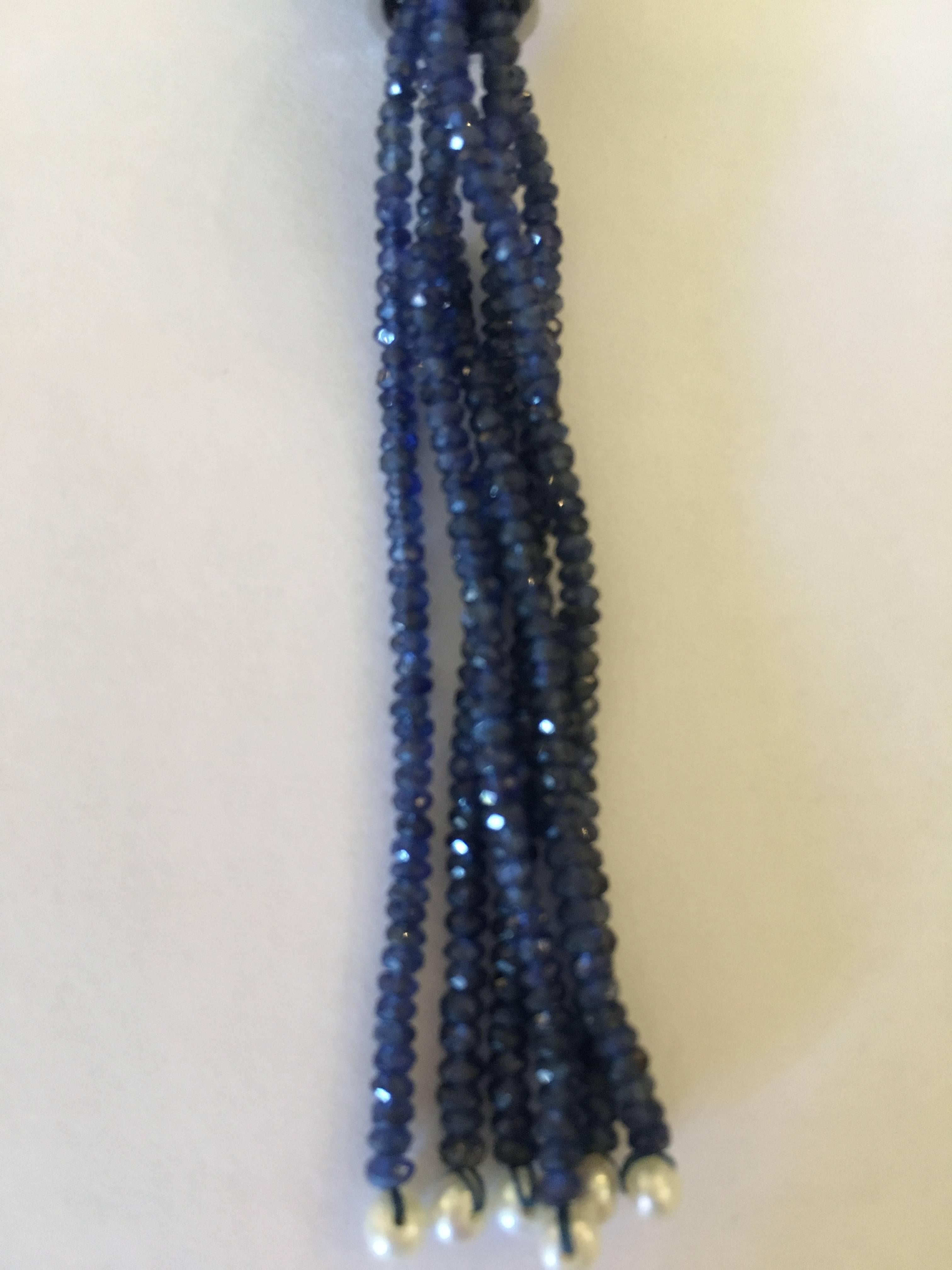 Women's or Men's Pair of Faceted Blue Sapphire Diamonds Gold Tassel Earrings