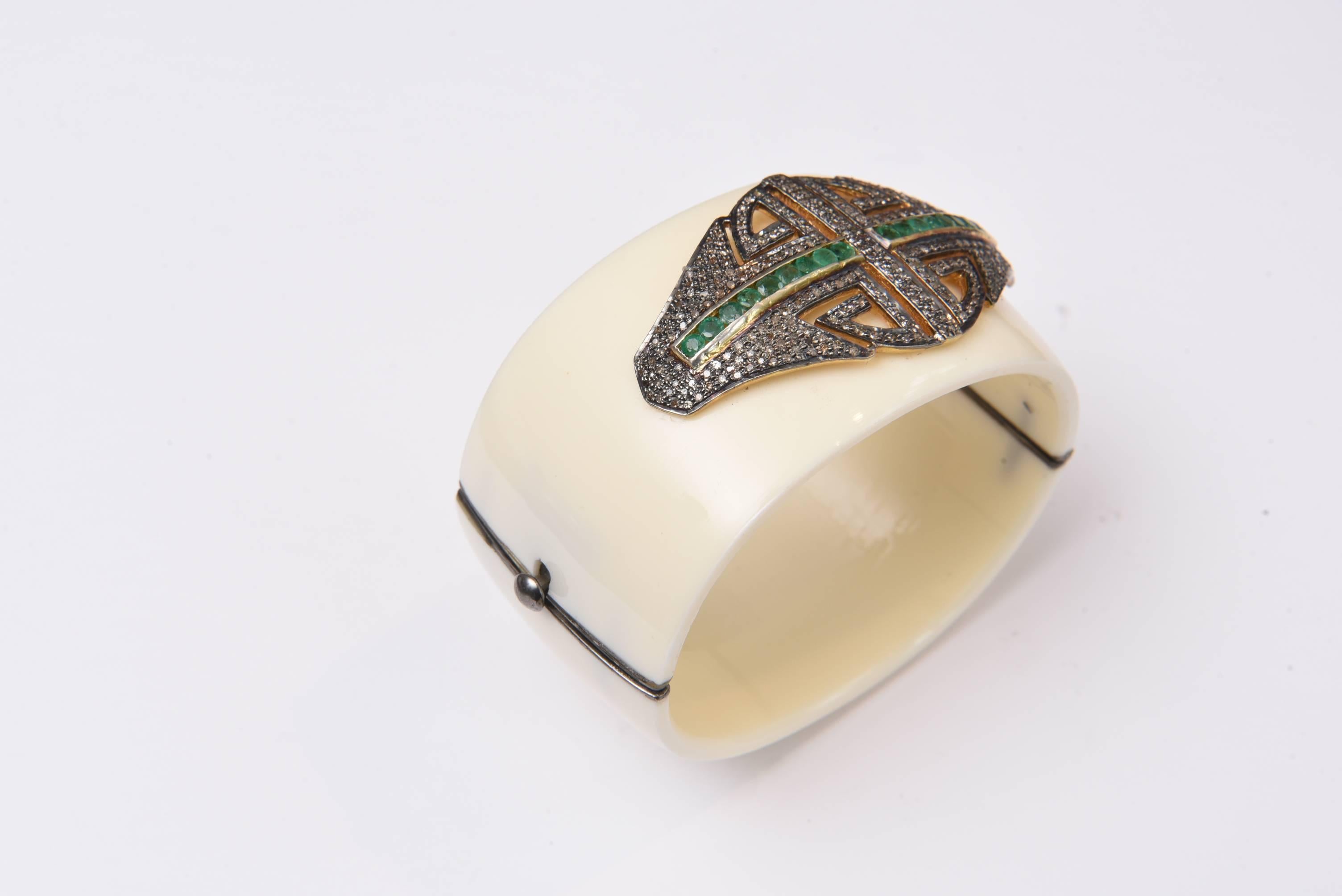 Diamonds and Emeralds on Bakelite Cuff bracelet  In Excellent Condition In Nantucket, MA