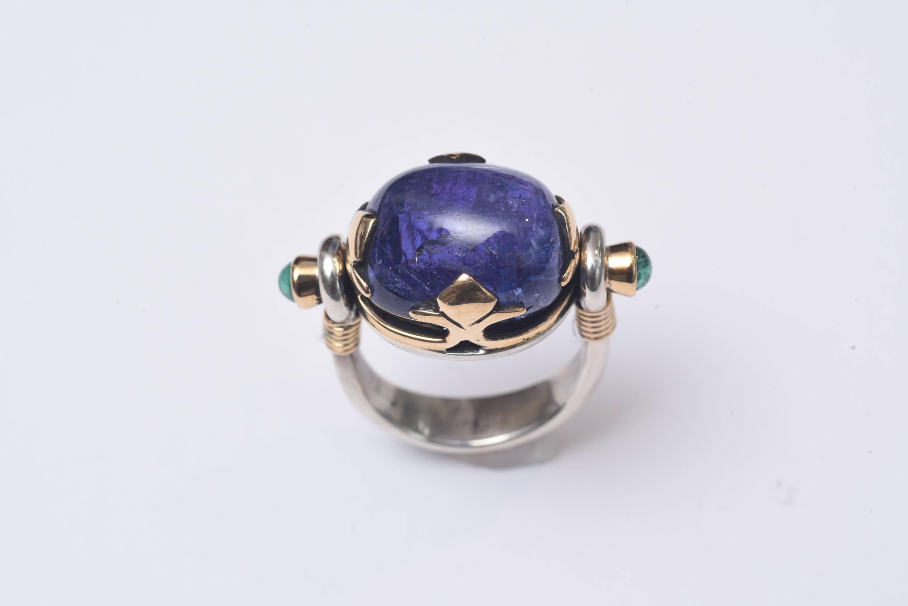 Cabochon Sapphire Emeralds Sterling Silver Yellow Gold Ring In Excellent Condition In Nantucket, MA