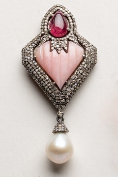 Pink Coral, Rubies, Pearl and Diamond Dangle Drop Earrings