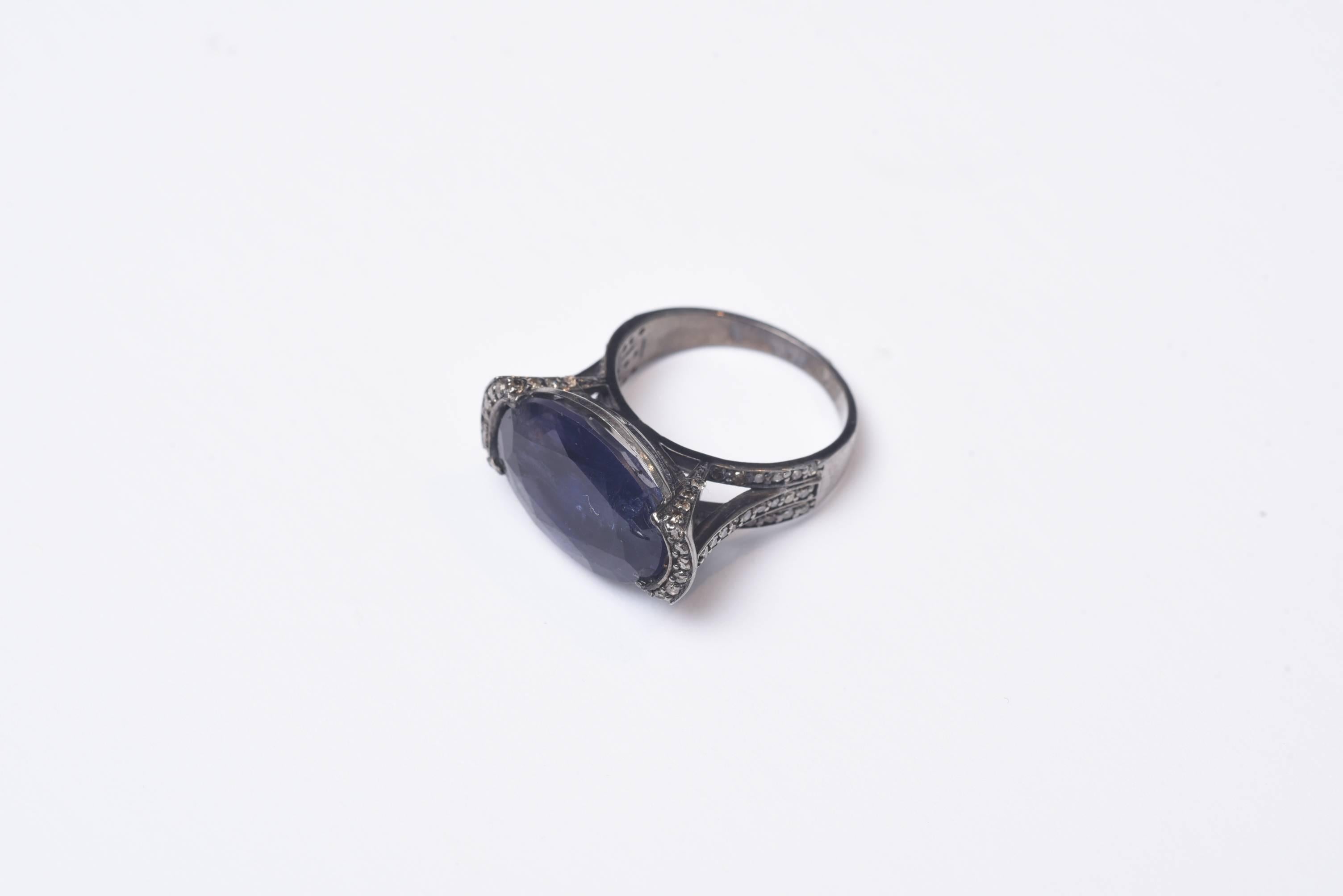 Faceted Iolite and Pave Set Diamond Ring in Sterling In Excellent Condition In Nantucket, MA