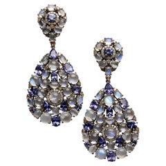 Mosaic of Rainbow Moonstones, Tanzanite and Diamond Earrings. 25+ Carats