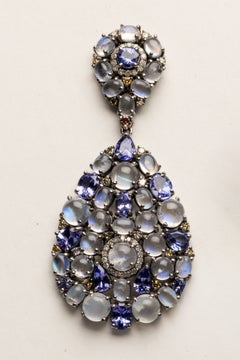 Mosaic of Rainbow Moonstones, Tanzanite and Diamond Earrings. 25+ Carats
