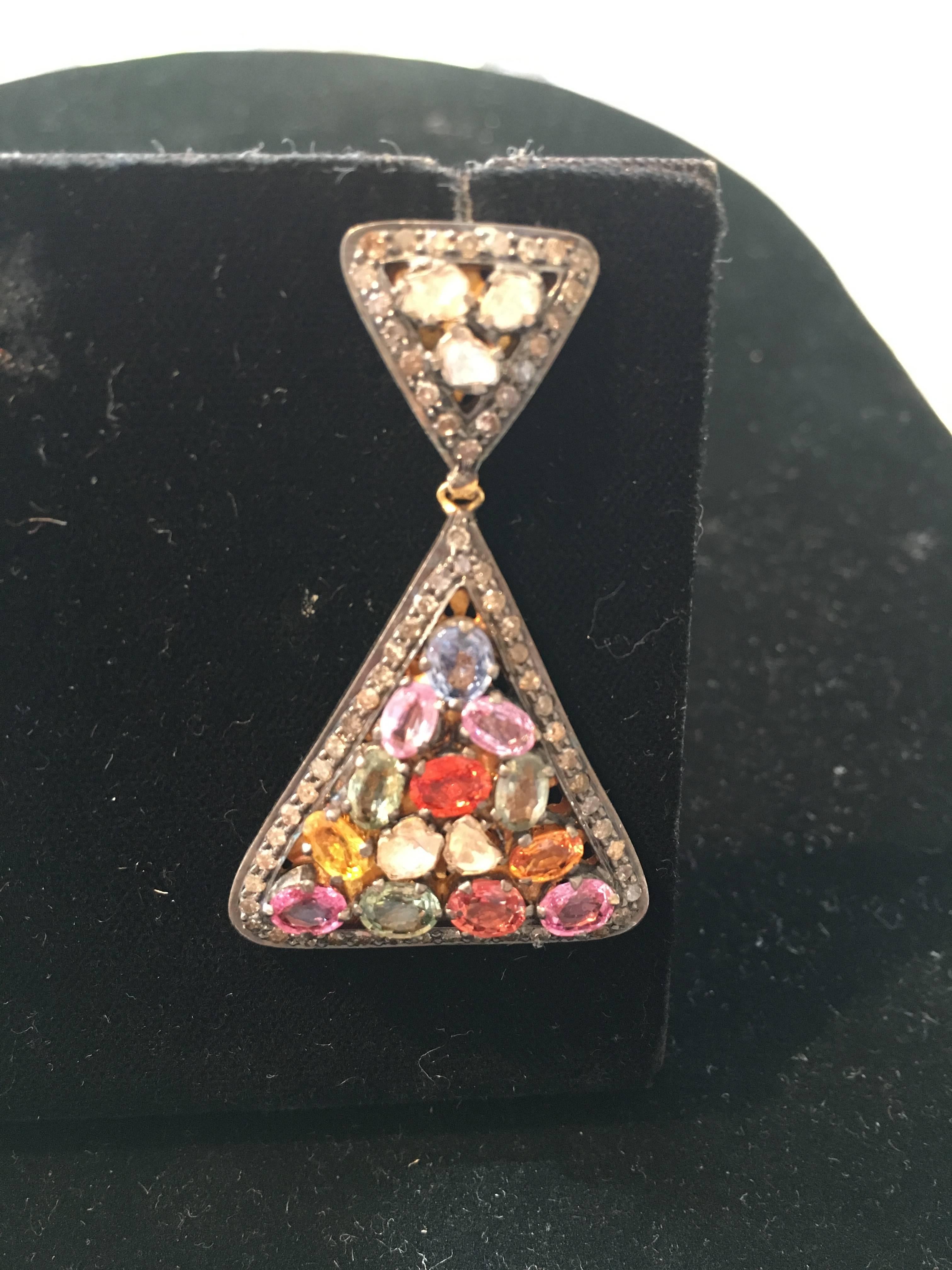 Colored Sapphires and Diamond Drop Earrings In Excellent Condition In Nantucket, MA