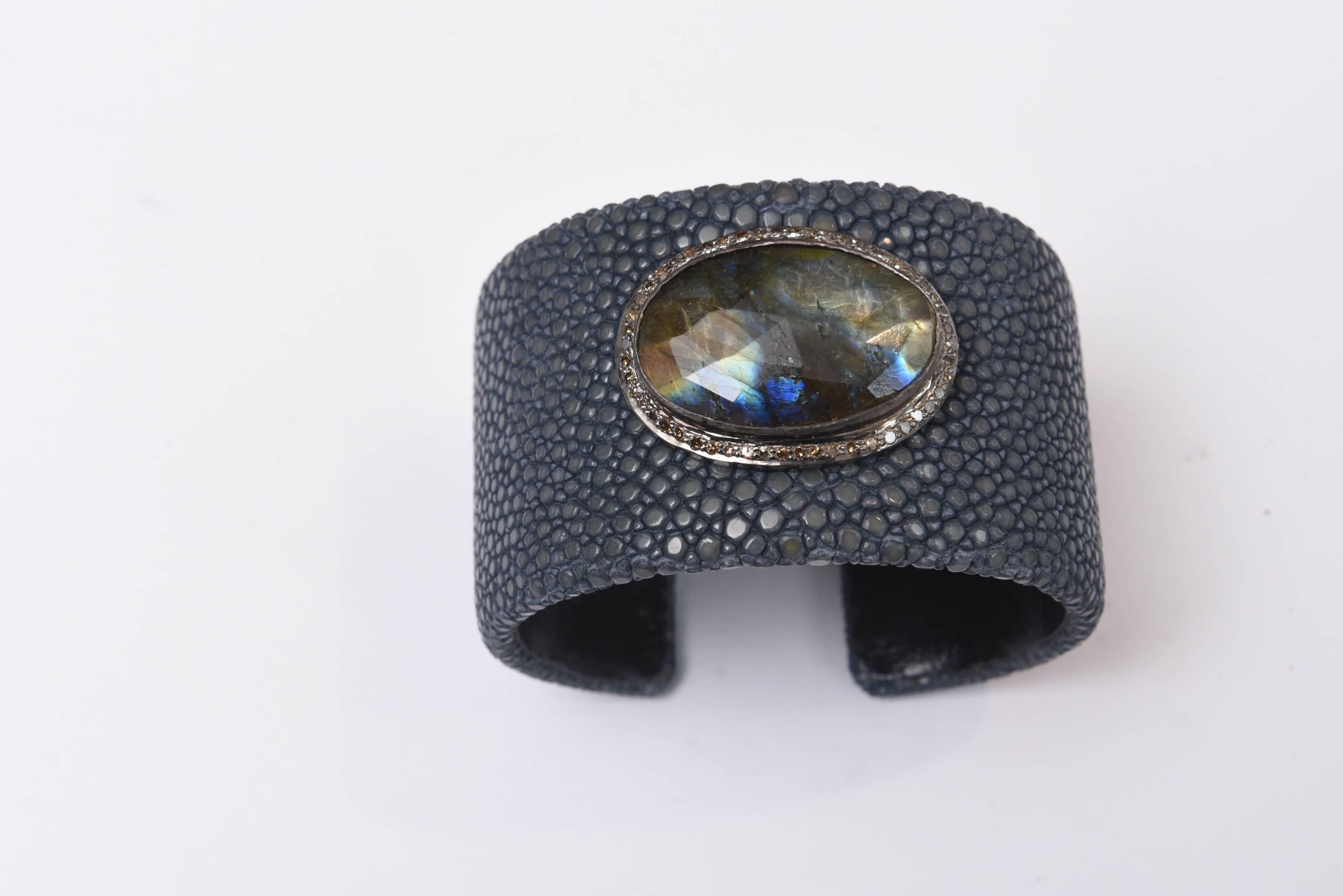 Large Rosecut Labradorite, Diamonds and Shagreen Cuff Bracelet In Excellent Condition In Nantucket, MA