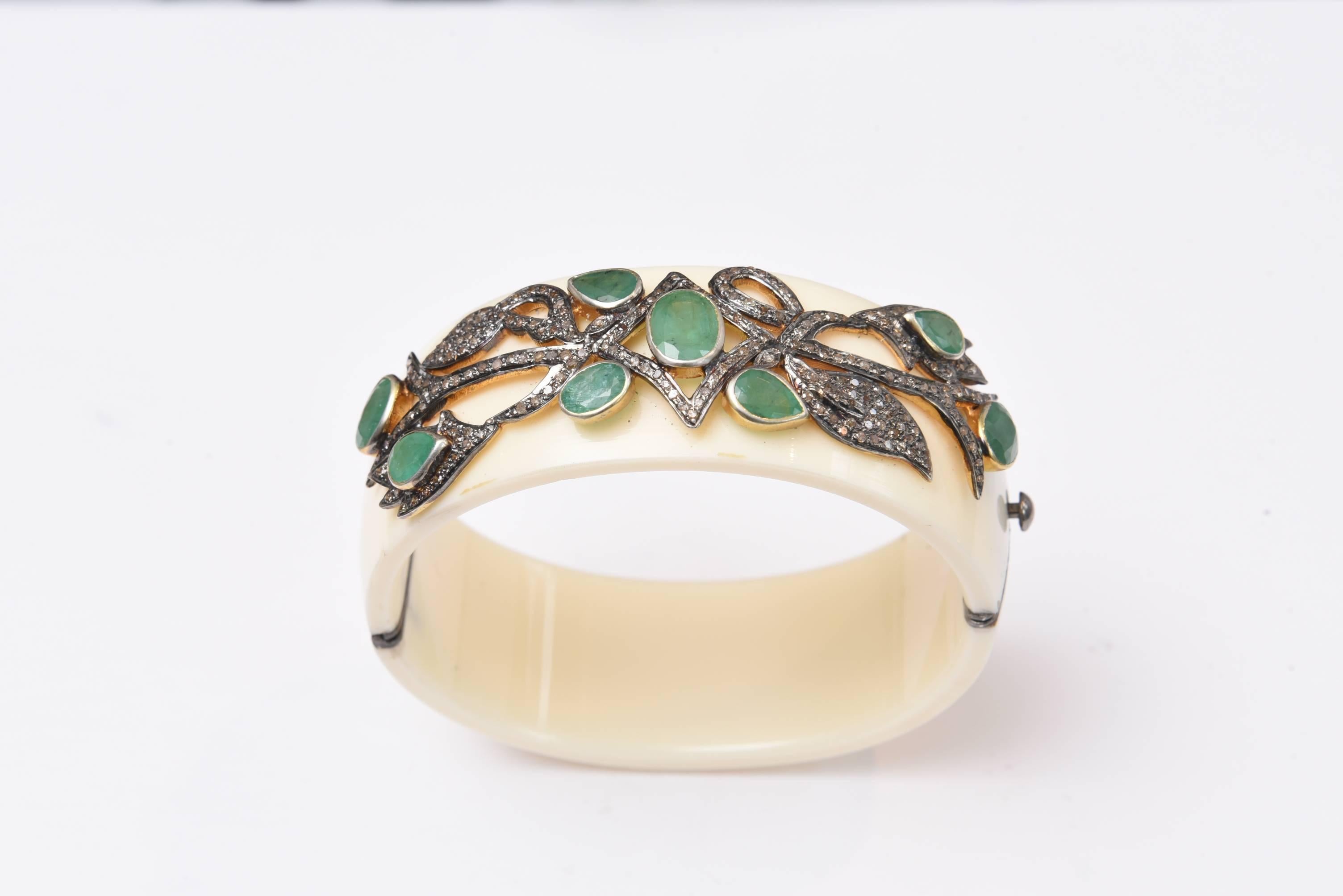 Bakelite Cuff Bracelet with Diamonds and Emeralds In Excellent Condition In Nantucket, MA
