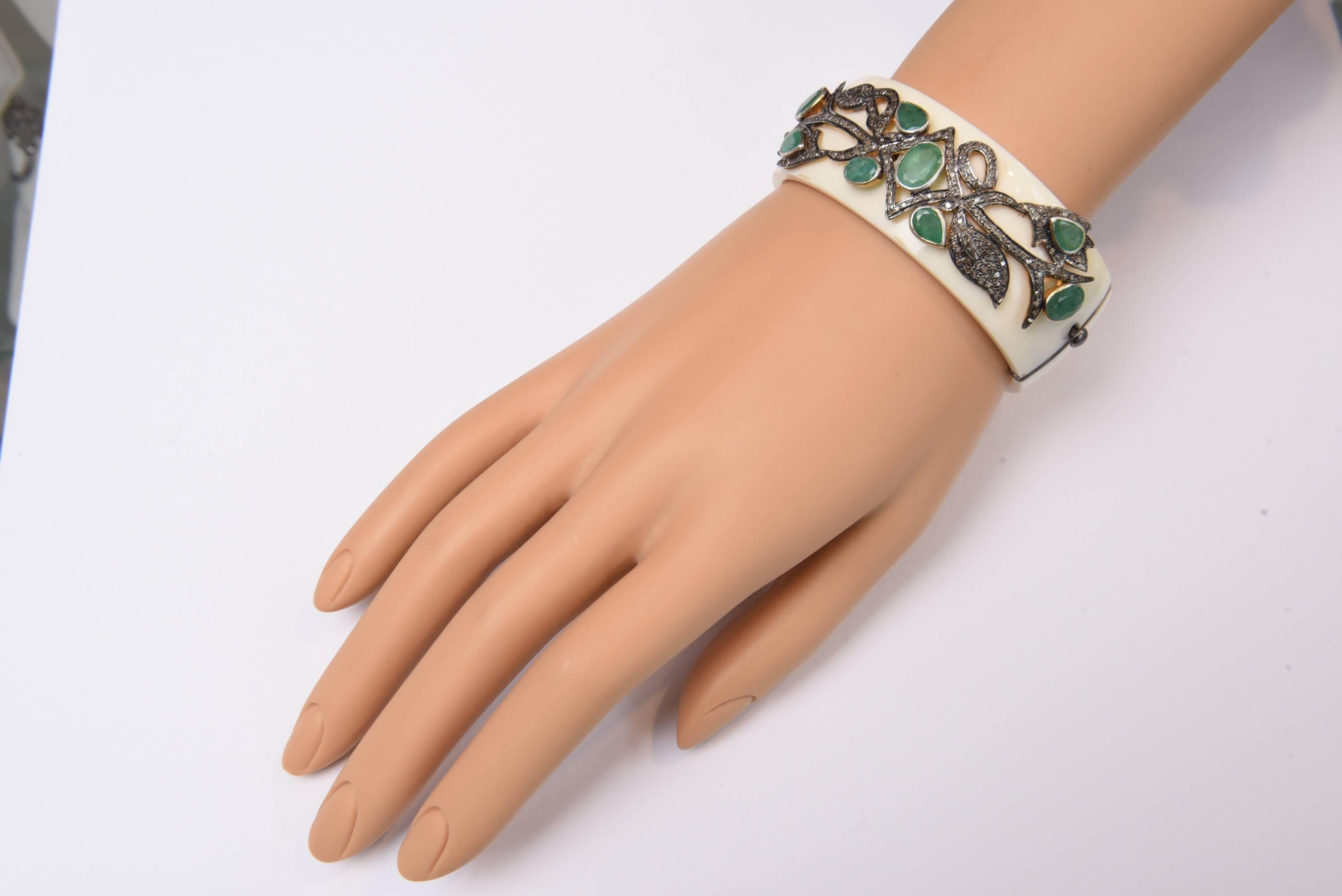 Women's or Men's Bakelite Cuff Bracelet with Diamonds and Emeralds