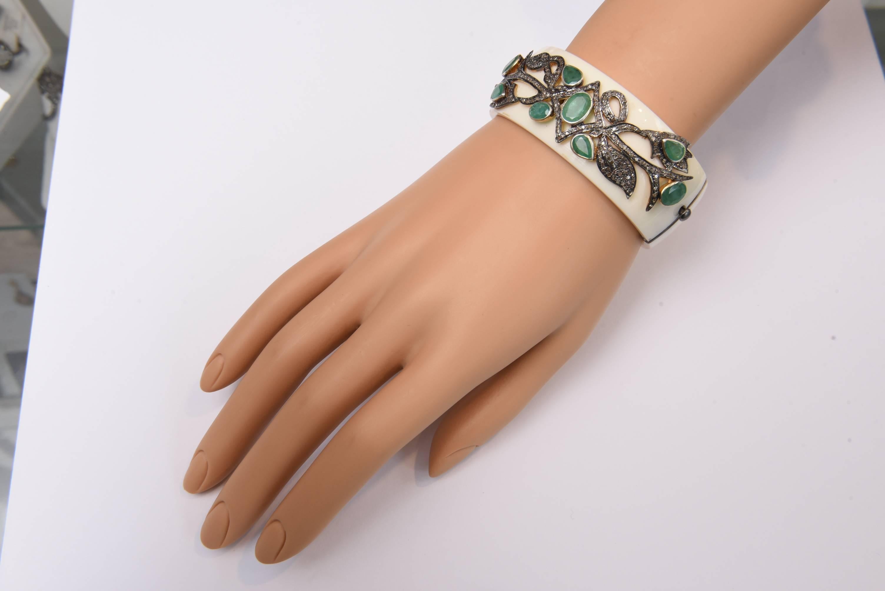 Bakelite Cuff Bracelet with Diamonds and Emeralds 1