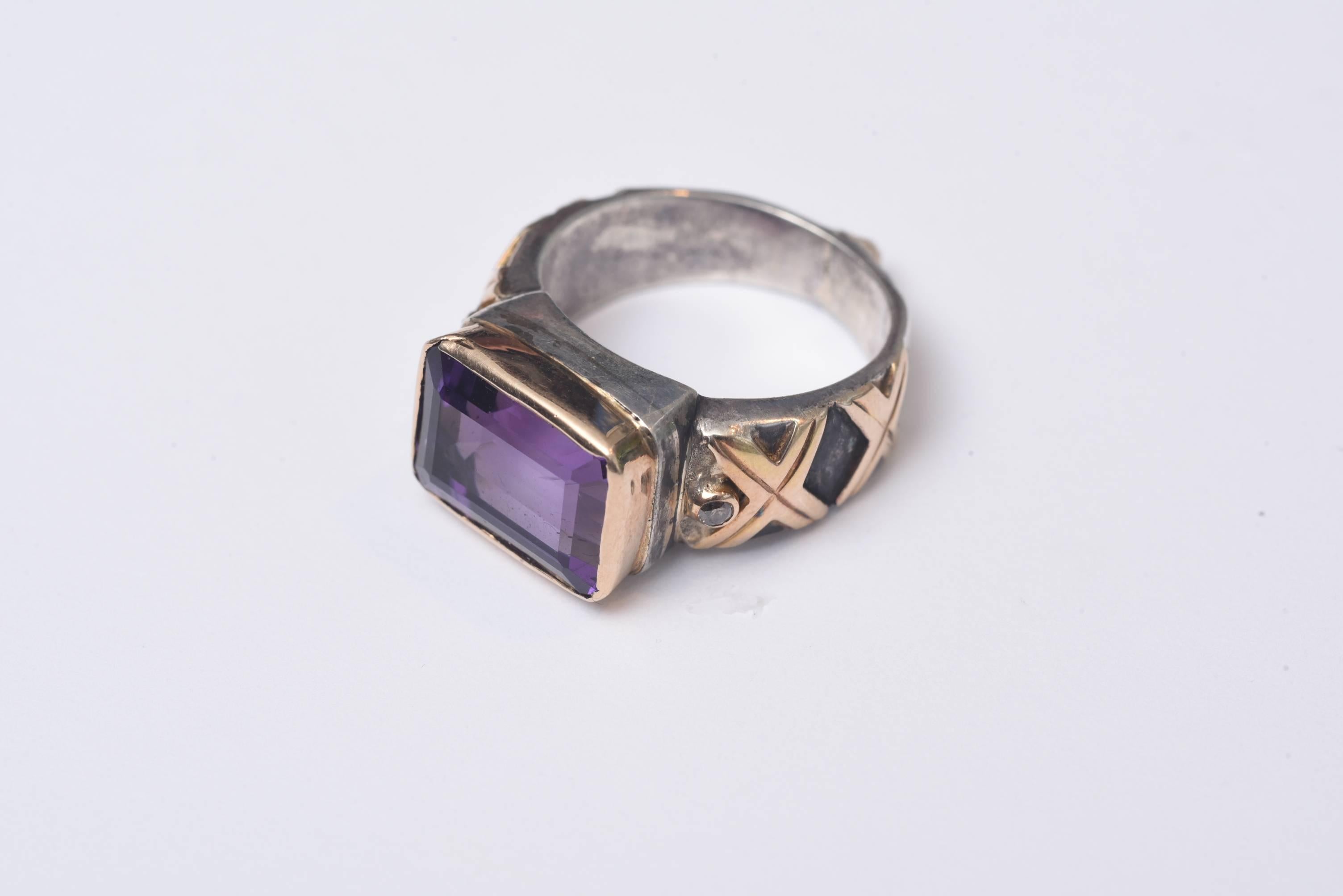 Emerald Cut Amethyst and Diamond Gold Ring In Excellent Condition In Nantucket, MA