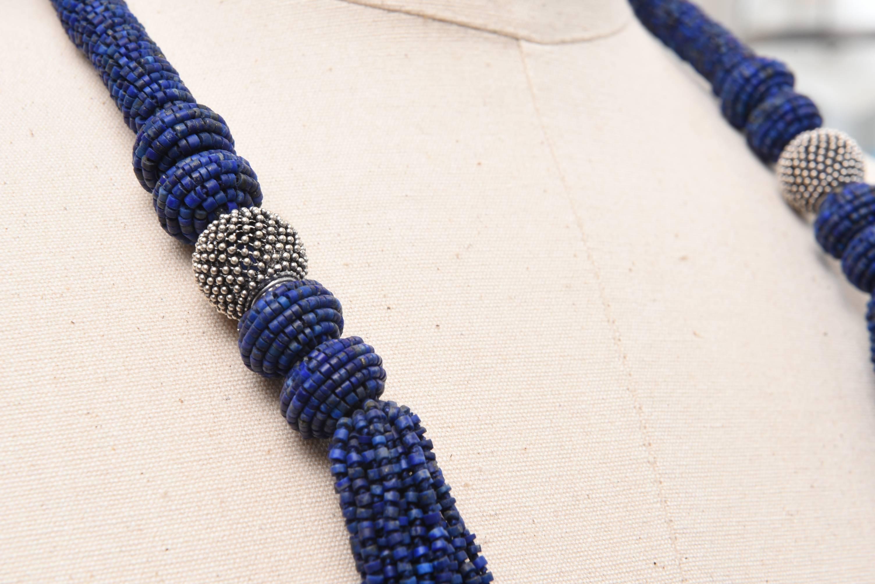 Woven Lapis Lazuli Beaded Necklace In Excellent Condition In Nantucket, MA