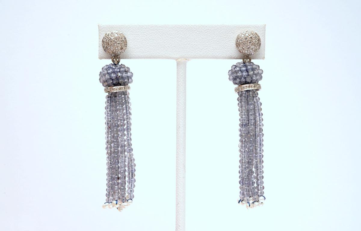 Diamond, 18 Karat White Gold and Iolite Tassel Earrings In New Condition In Nantucket, MA