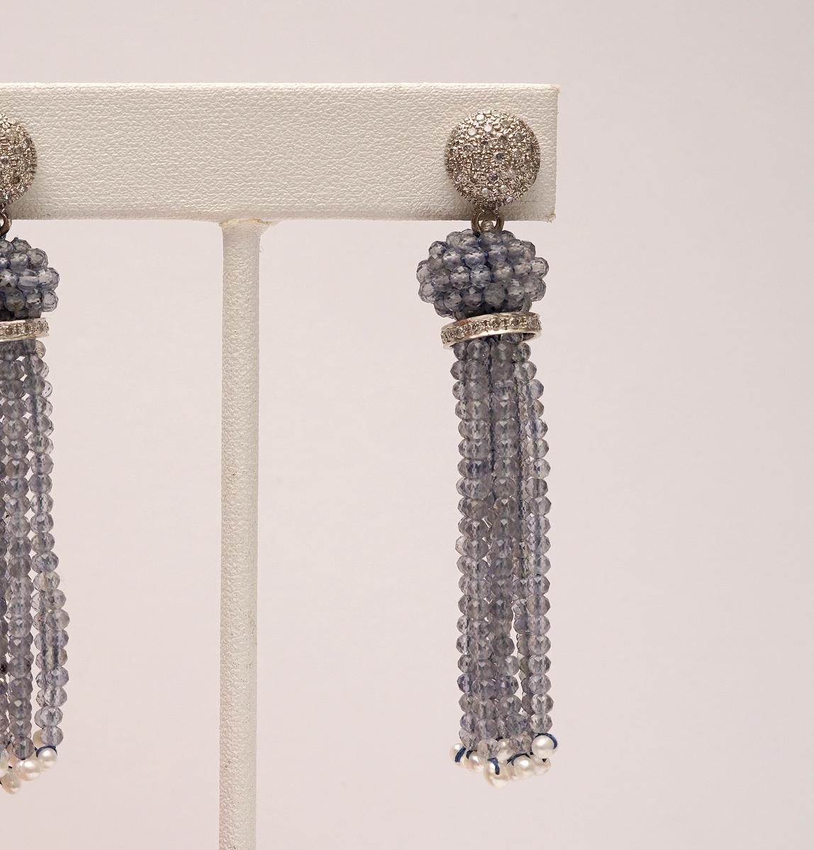 Diamond, 18 Karat White Gold and Iolite Tassel Earrings 1