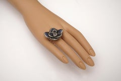 Flower Ring of Pave`-Set Blue Sapphires and Diamonds, Gold Band