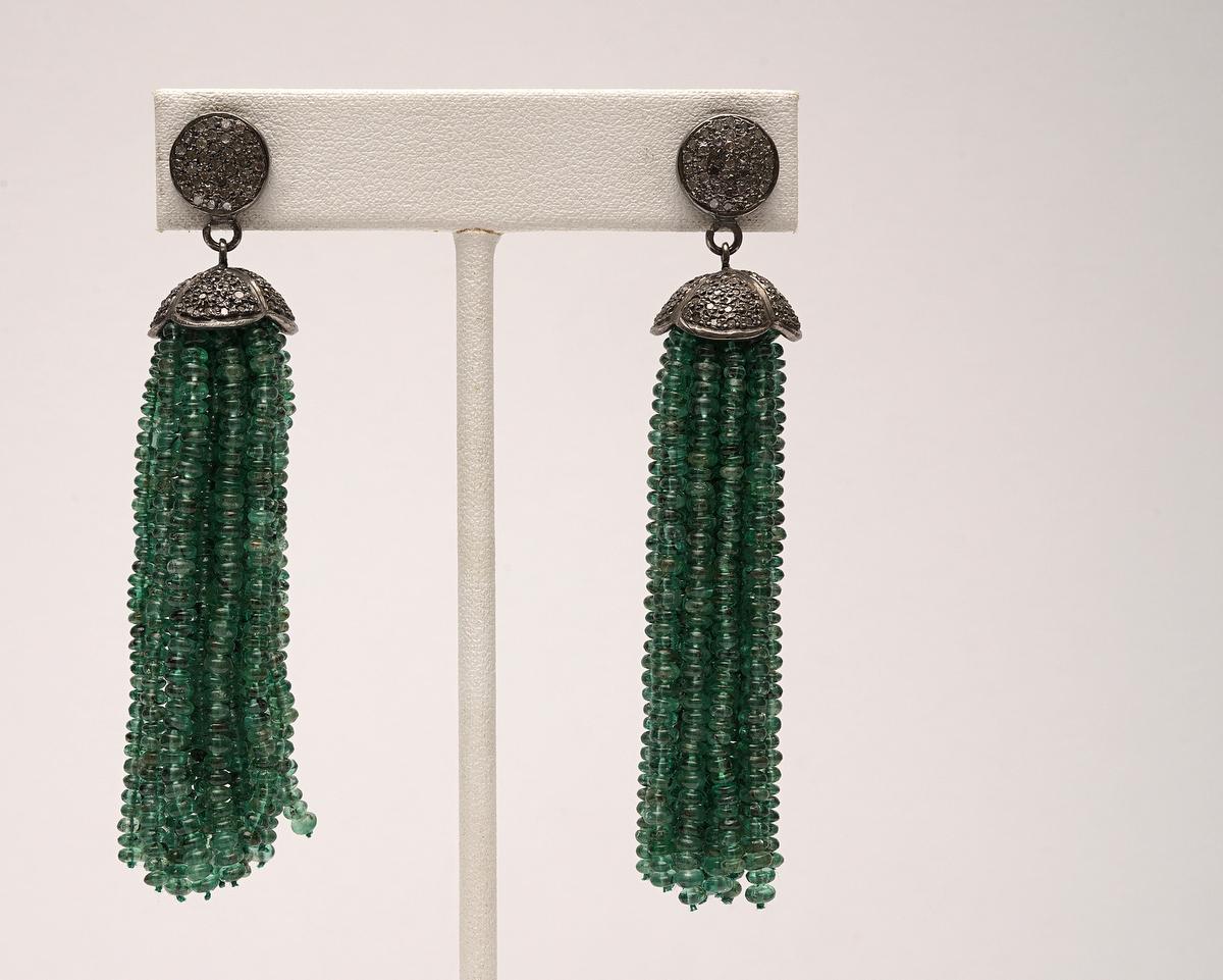 Women's or Men's Diamond and Emerald Tassel Earrings