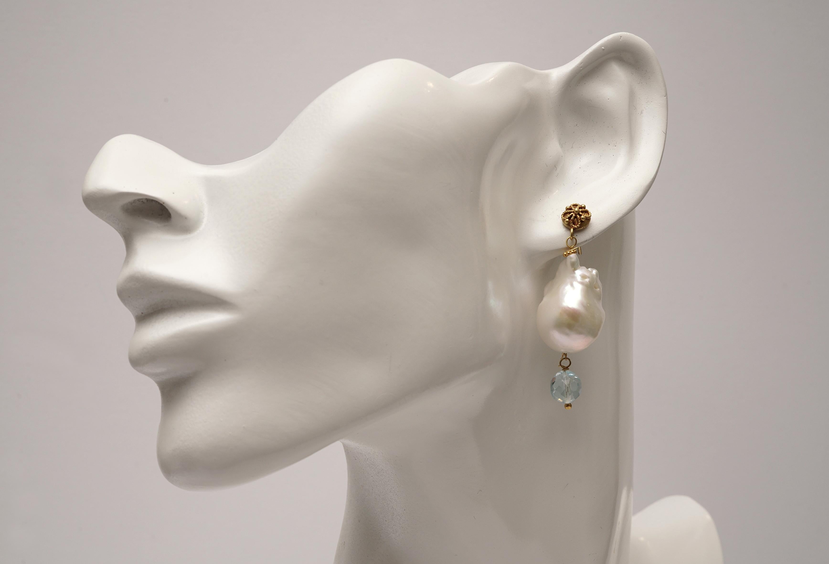 22 Karat Gold Baroque Pearl and Aquamarine Drop Earrings In New Condition In Nantucket, MA