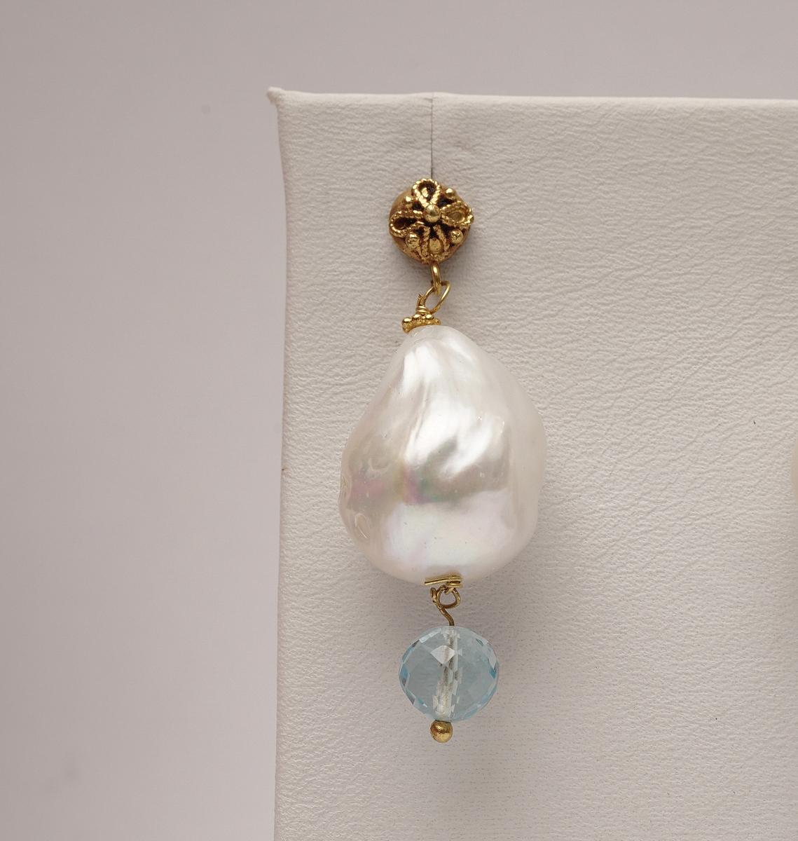 Women's or Men's 22 Karat Gold Baroque Pearl and Aquamarine Drop Earrings