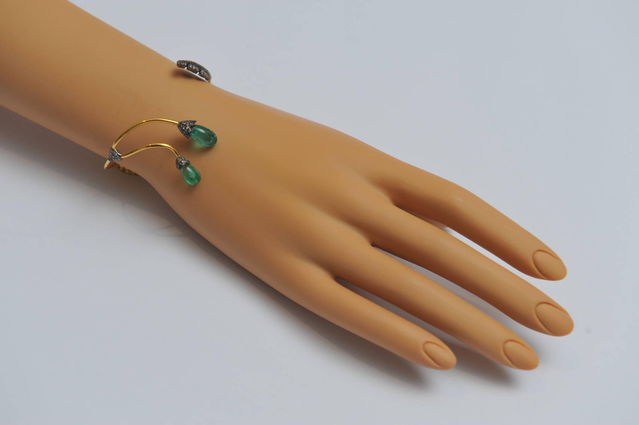 Briolette Cut Tumbled Emerald, Pavé Diamond and 18 Karat Gold Wrap Bracelet