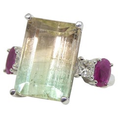 Anello con tormalina bicolore, rubino e diamante di 11,11 carati in oro bianco 14k