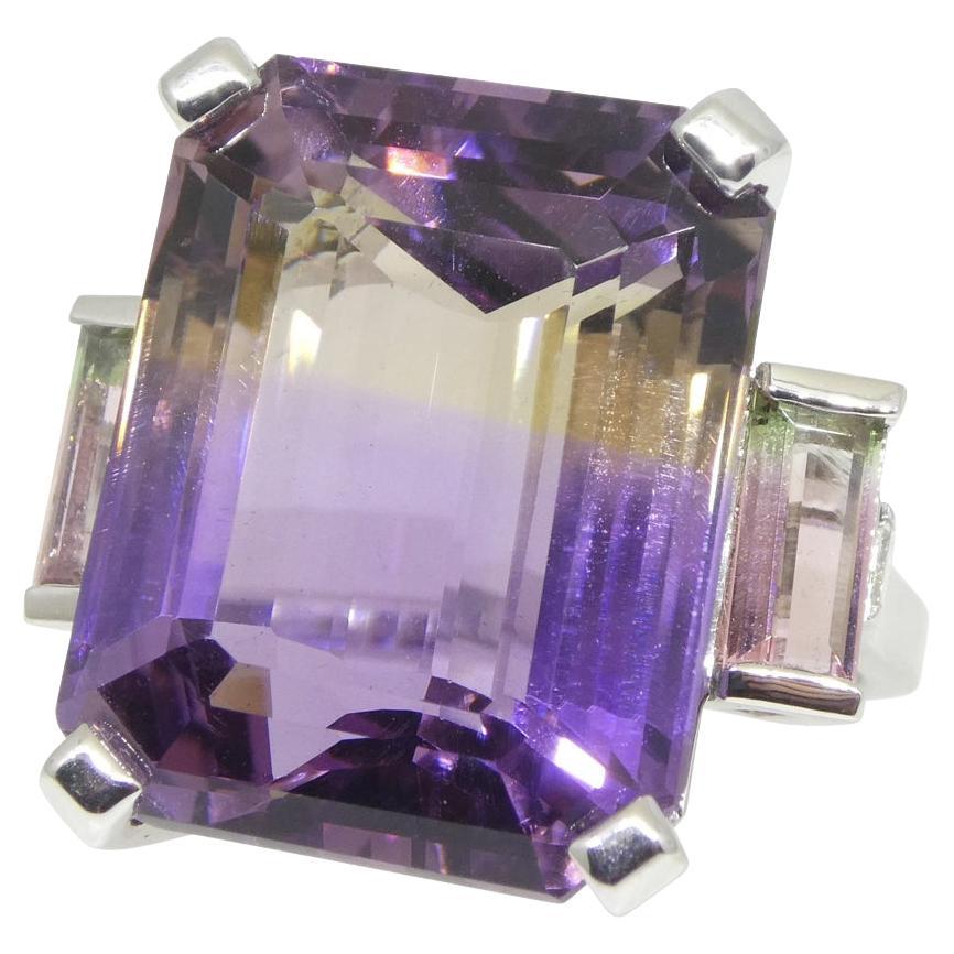 28ct Ametrine, Tourmaline and Diamond Cocktail Ring Set in 14k White Gold For Sale