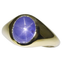 4.48ct Blue Star Sapphire Signet Pinky Ring set in 14k Yellow Gold
