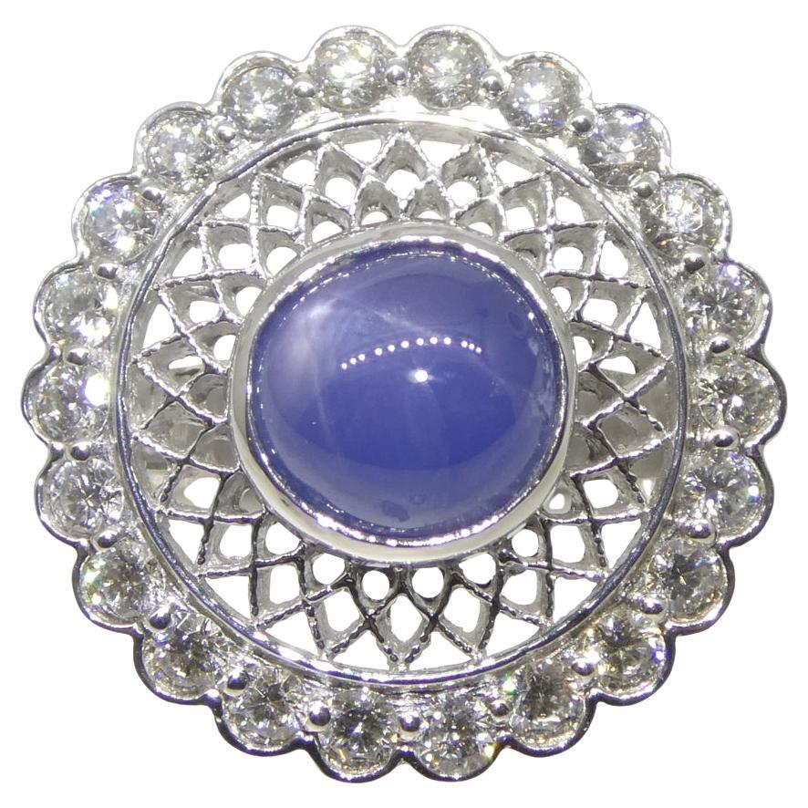 2.99ct Round Blue Star Sapphire, Diamond Engagement Ring in 18k White Gold