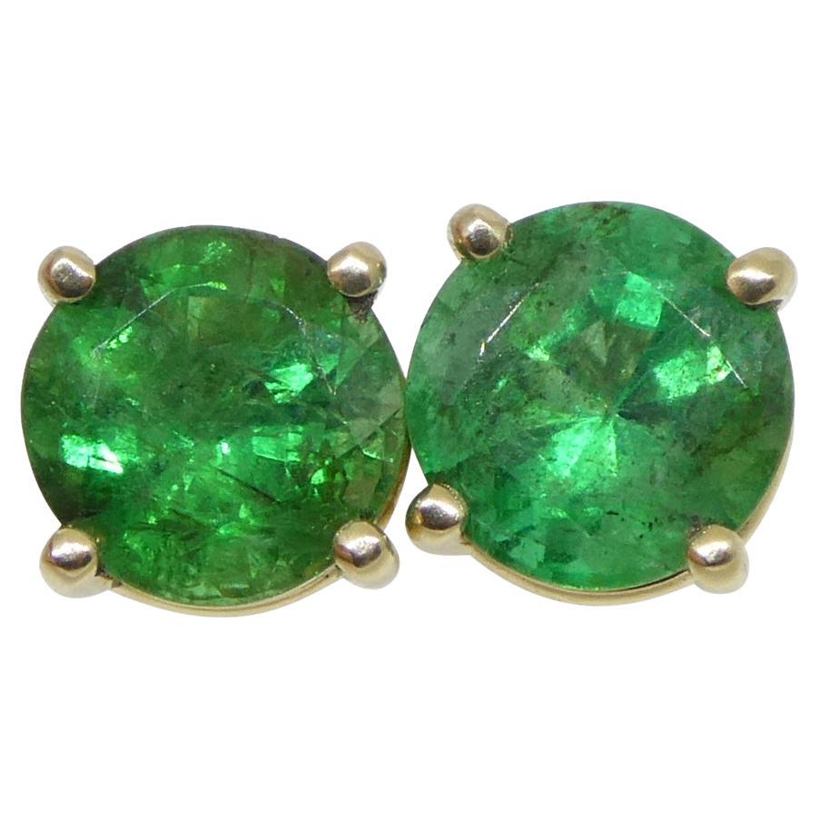 0,87ct Runde grüne Smaragd Ohrstecker in 14k Gelbgold im Angebot