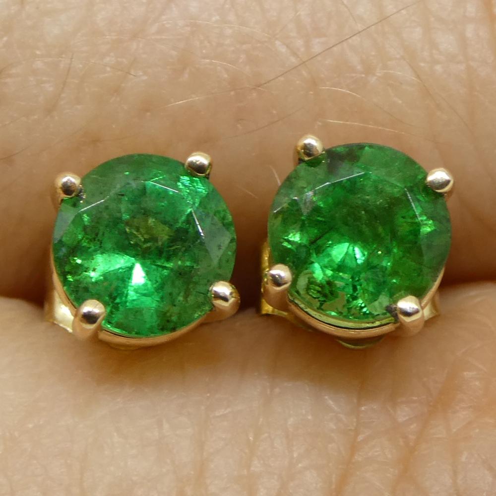 0,87ct Runde grüne Smaragd Ohrstecker in 14k Gelbgold (Zeitgenössisch) im Angebot