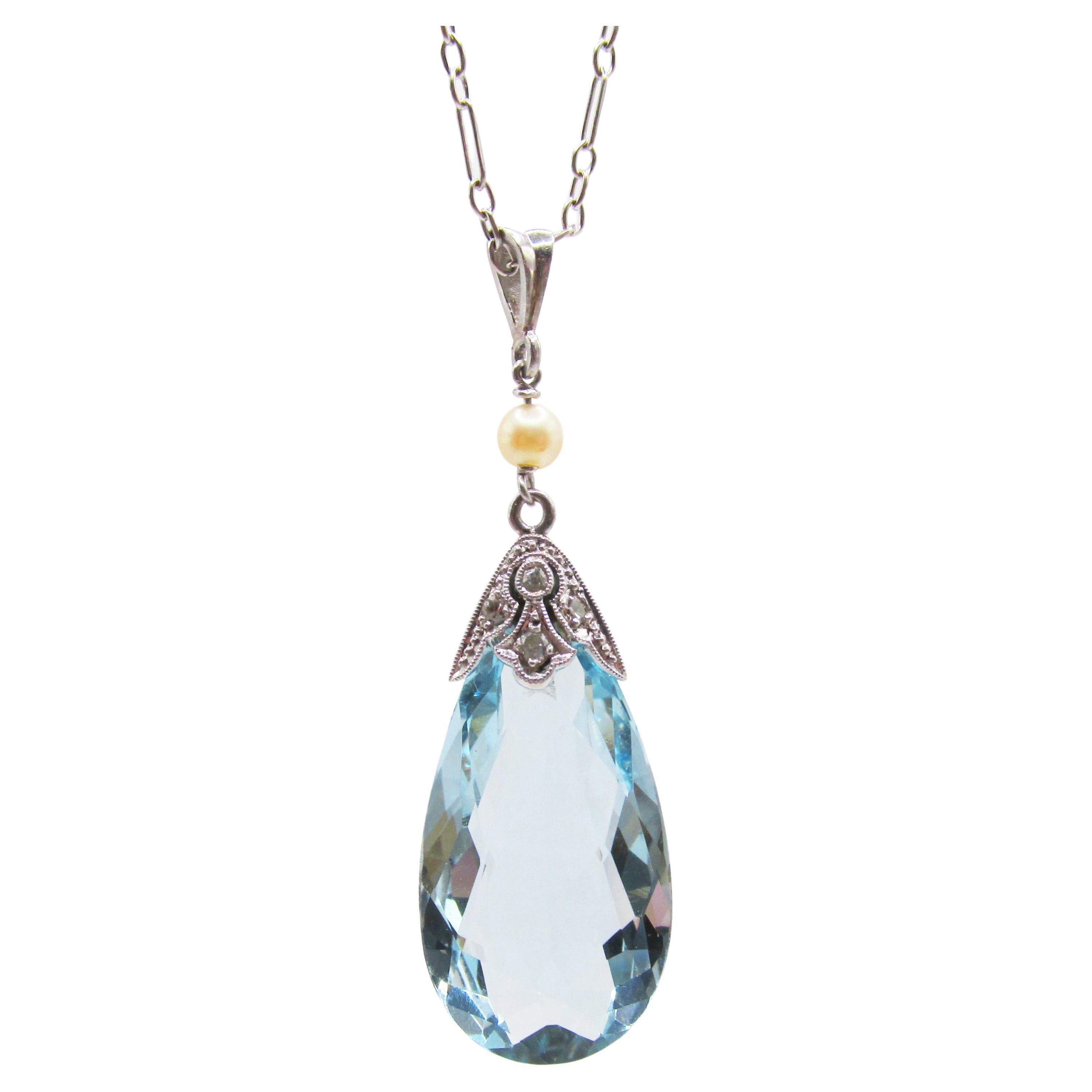 Aquamarine, Pearl, Platinum, 14k Gold, Blue Wedding Pendant Necklace