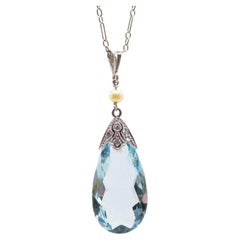 Aquamarine, Pearl, Platinum, 14k Gold, Blue Wedding Pendant Necklace