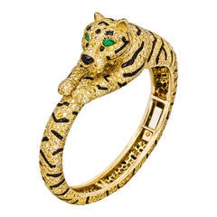 Cartier Onyx Emerald Diamond Gold Tiger Bangle Bracelet