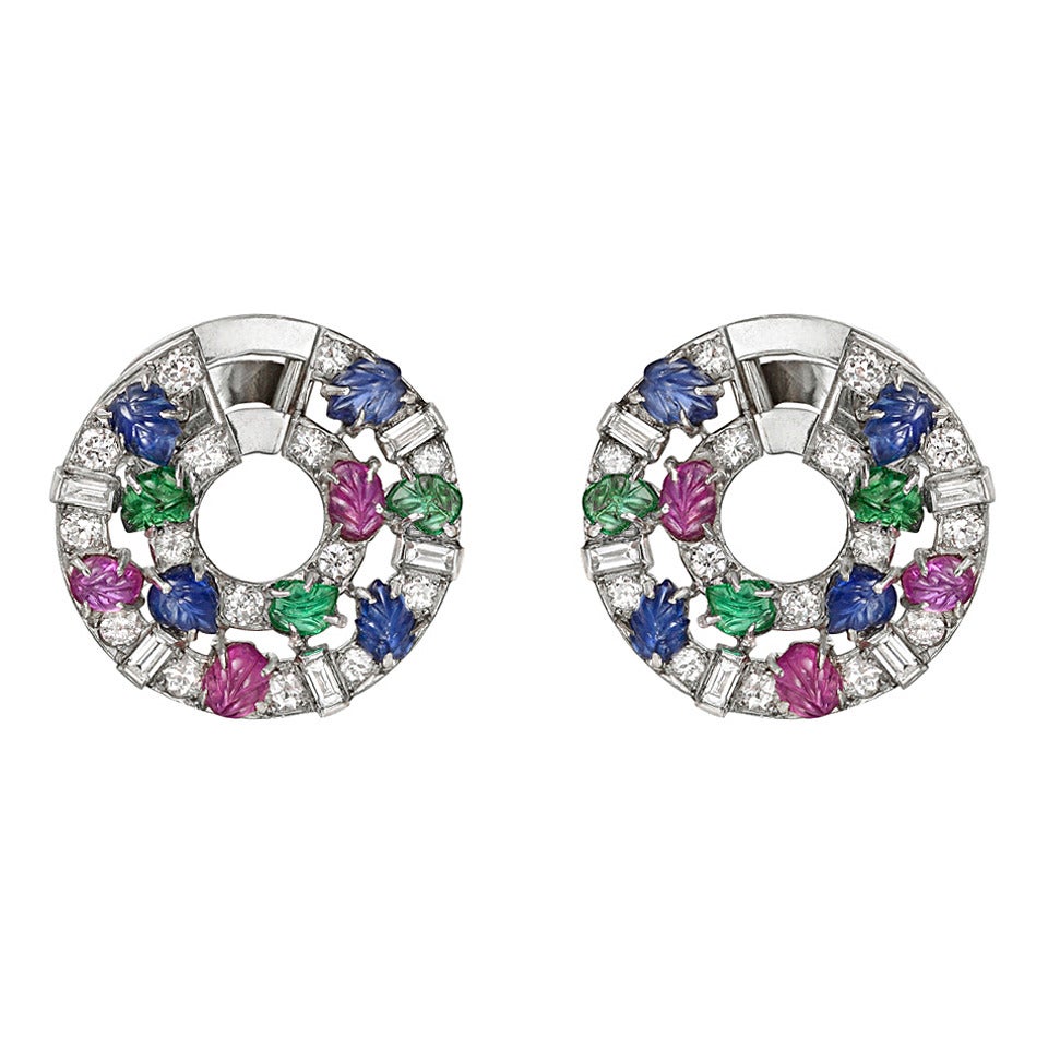 Art Deco French Fruit Salad Diamond Creole Earclips