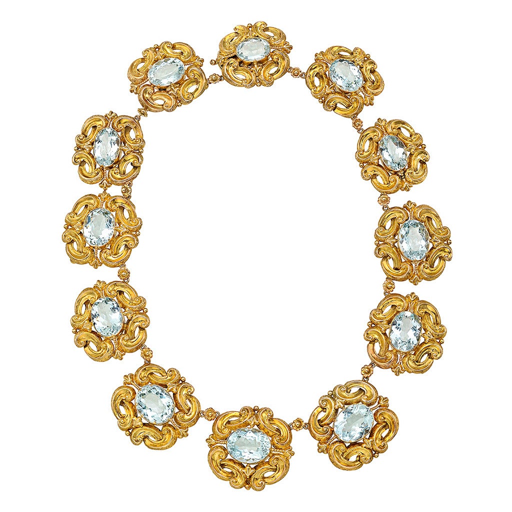 Georgian Aquamarine Gold Link Necklace