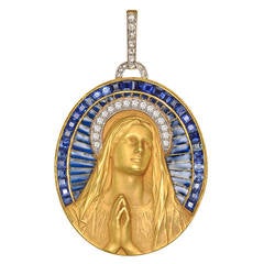 Antique Art Nouveau Enamel Sapphire Diamond Gold Platinum Madonna Pendant