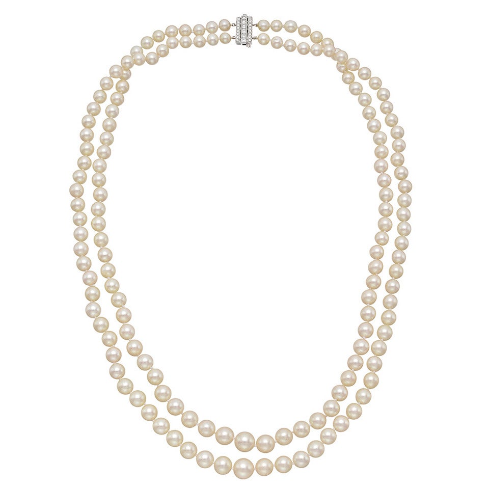 Tiffany & Co. Two-Strand Pearl Necklace with Diamond-Set Clasp