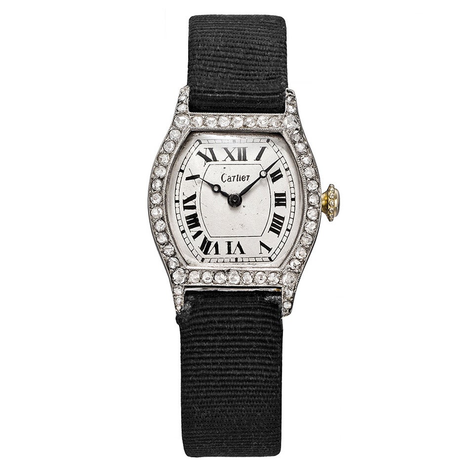 Cartier Lady's Platinum Diamond Tortue Wristwatch Circa 1920s