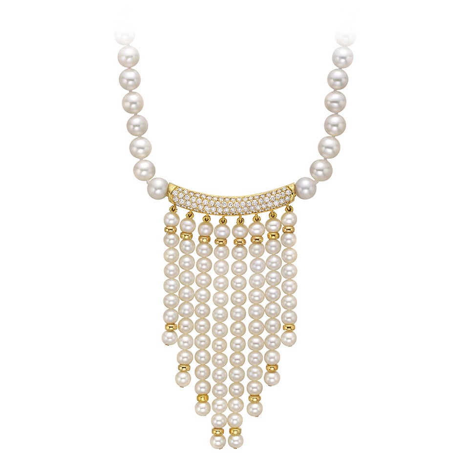 Pearl Diamond Gold Fringe Necklace