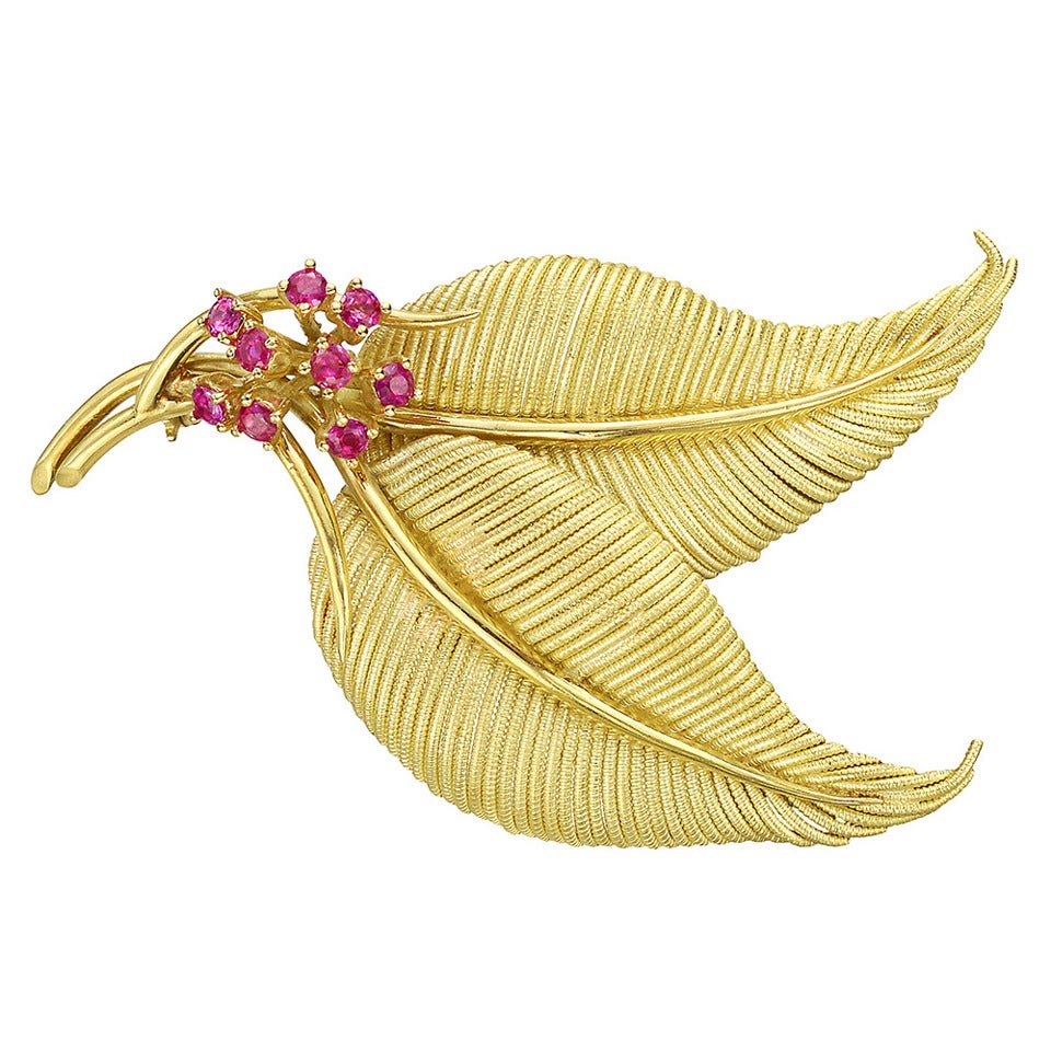 Tiffany & Co. Ruby Gold Double Leaf Pin