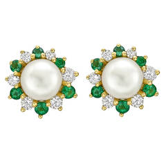 Tiffany & Co. Pearl Earstuds with Emerald Diamond Gold Jackets