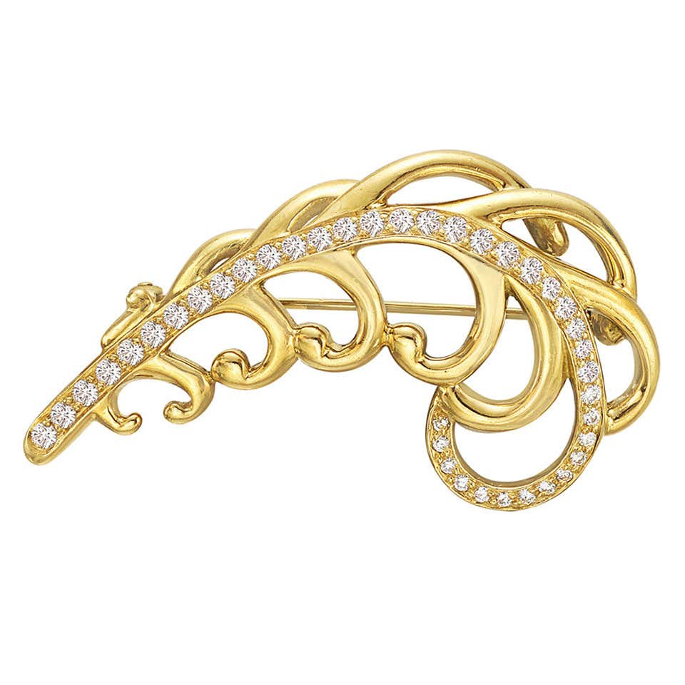 Tiffany and Co. Paloma Picasso Diamond Gold Feather Pin at 1stDibs