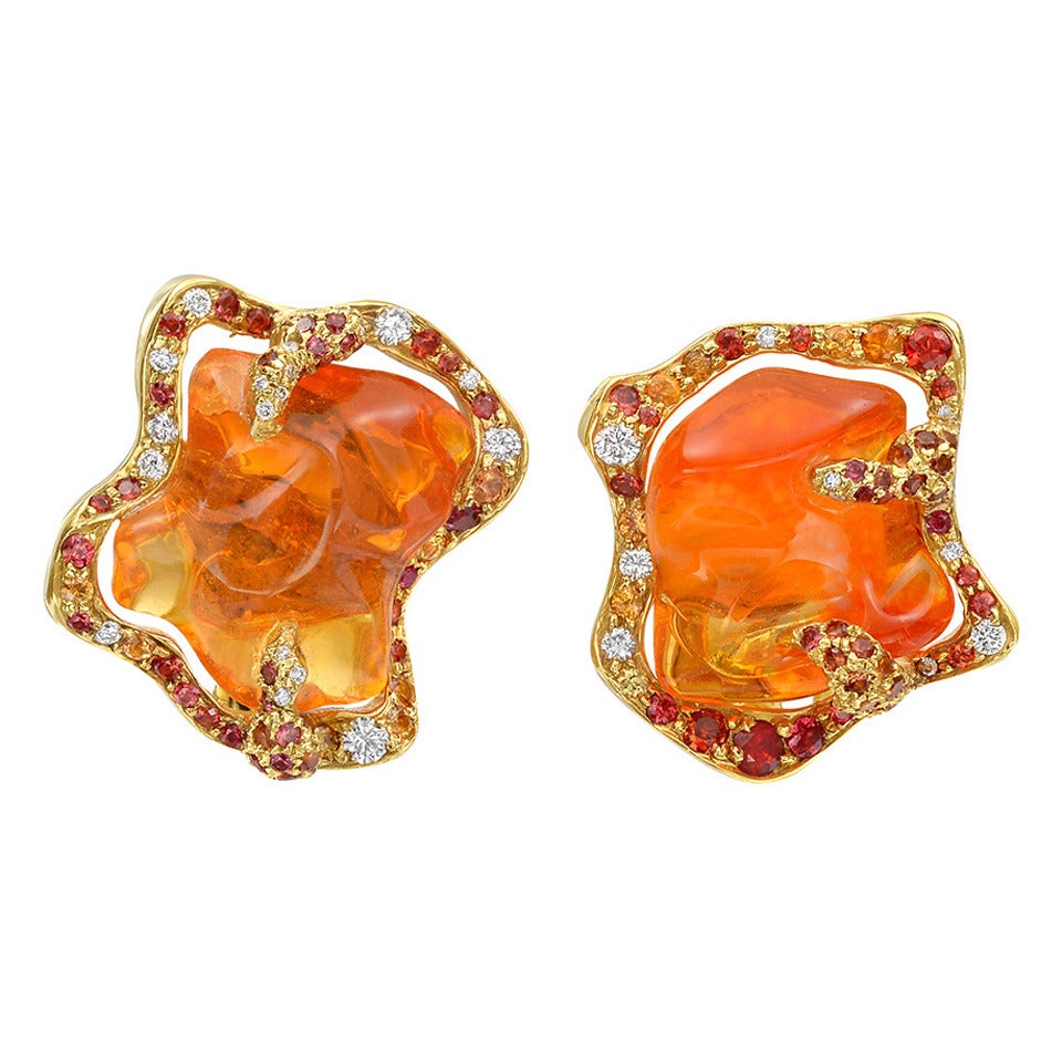 Dorota Fire Opal Sapphire Gold Flame Earrings