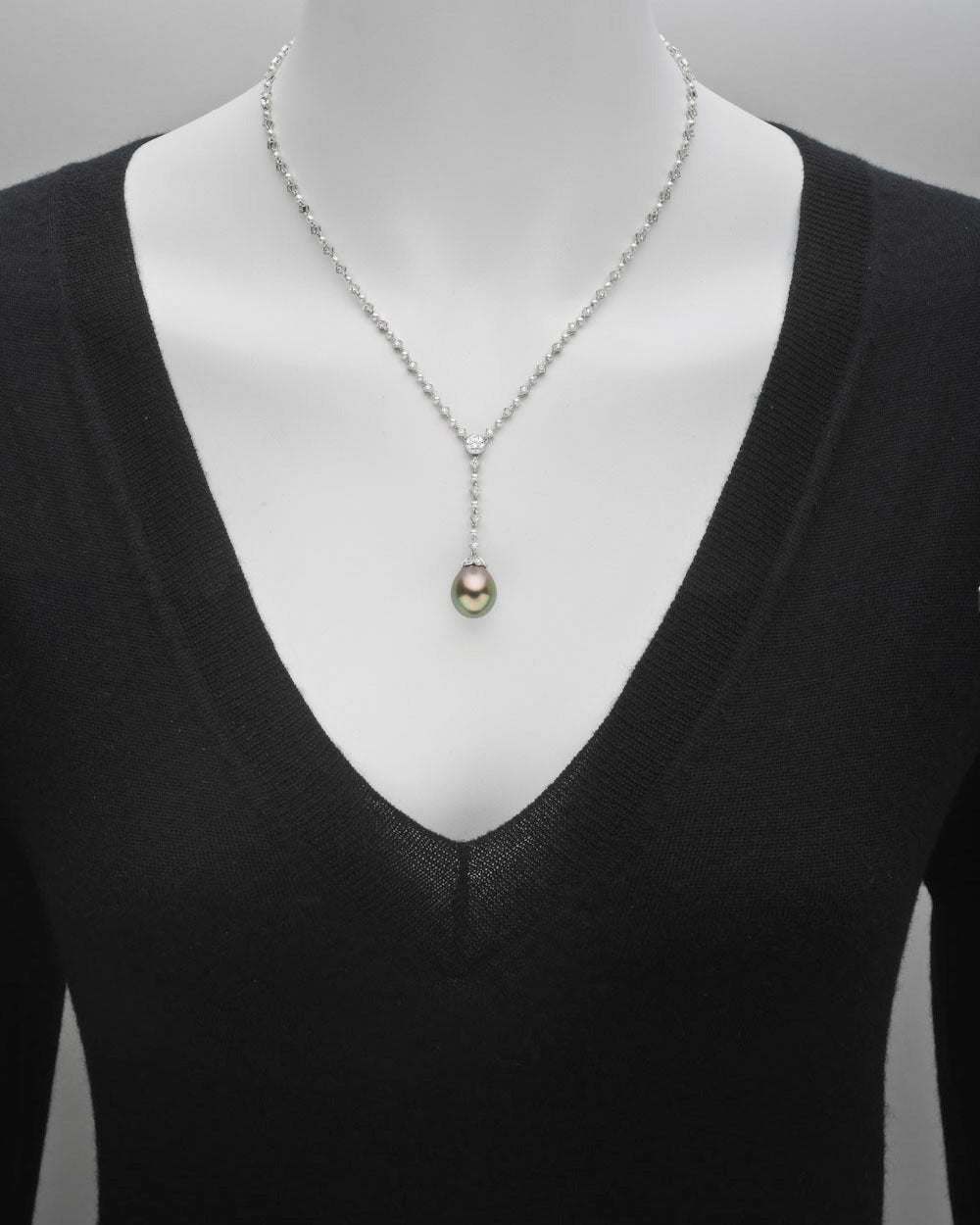 Seed pearl and circular-cut diamond chain necklace, suspending a matching seed pearl and circular-cut diamond 'Y' chain to a Tahitian pearl drop, the diamonds altogether weighing approximately 2.88 total carats (F-G color/VVS1-VVS2 clarity) and