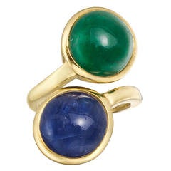 David Webb Cabochon Emerald Sapphire Gold Bypass Ring