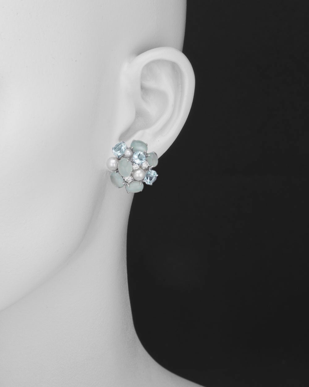 Bubble aquamarine, pearl and diamond earclips, designed as a cluster of cabochon-cut and faceted aquamarines weighing approximately 33 total carats, with round freshwater pearl and circular-cut diamond accents, the diamonds weighing approximately