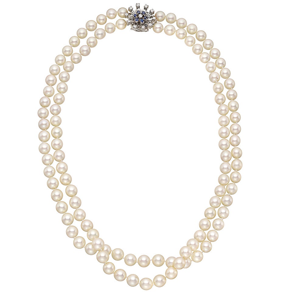 Two Strand Pearl Necklace with Gem-Set Clasp
