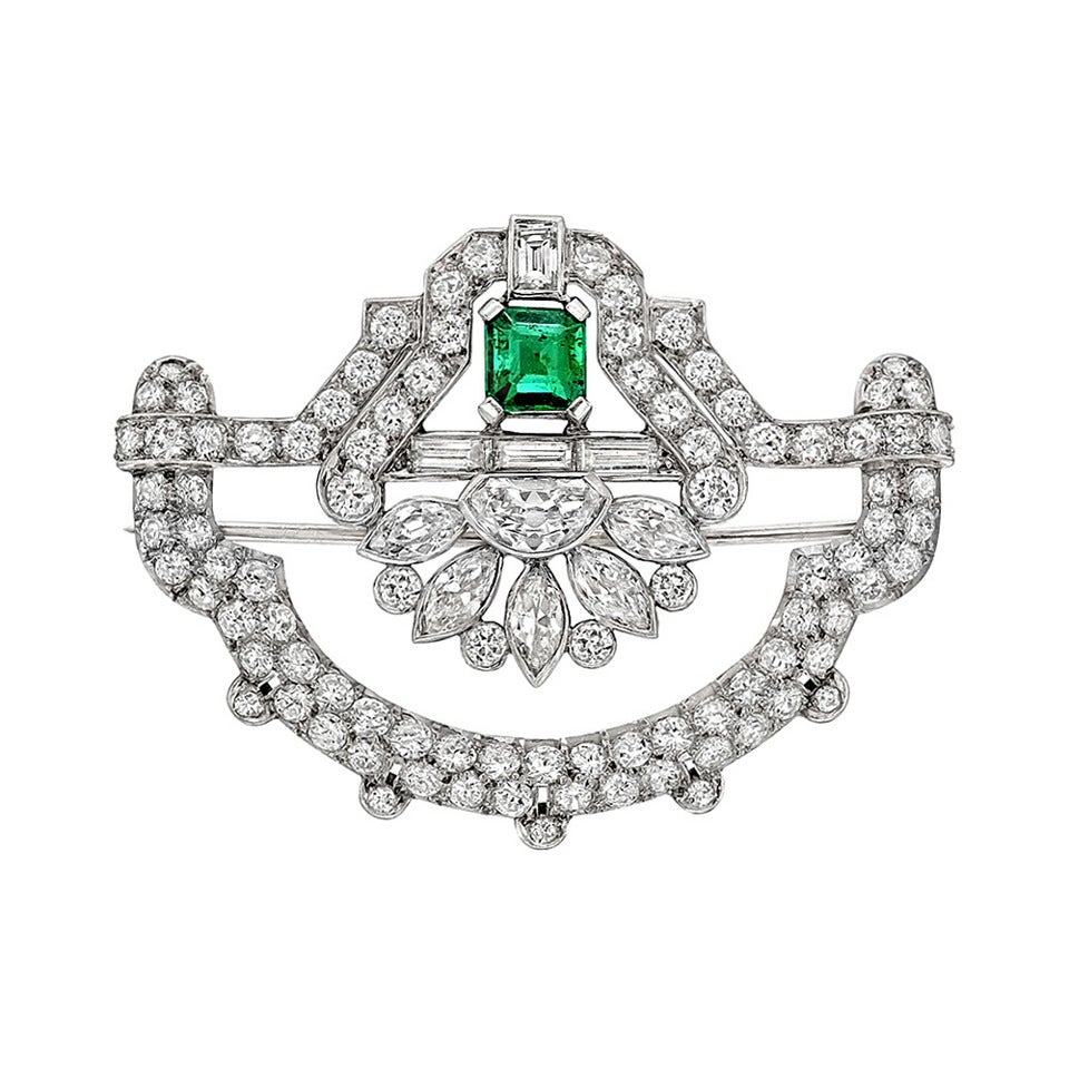 Art Deco Emerald Diamond Panel Brooch